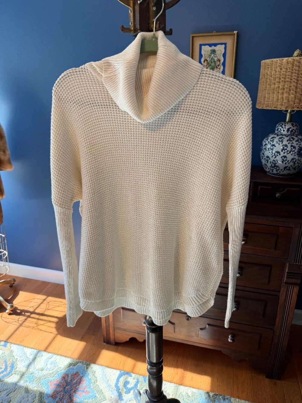 Women’s Cream Ivory Waffle Knit Turtleneck Sweater Oversized Ribbed Sleeves Pull